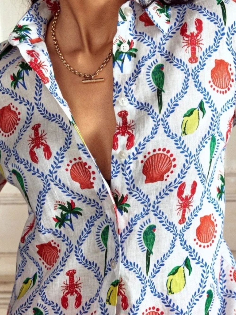 Boden Sienna Linen Shirt Button Up Blouse Coastal Lobster Shell Xl 46" Chest